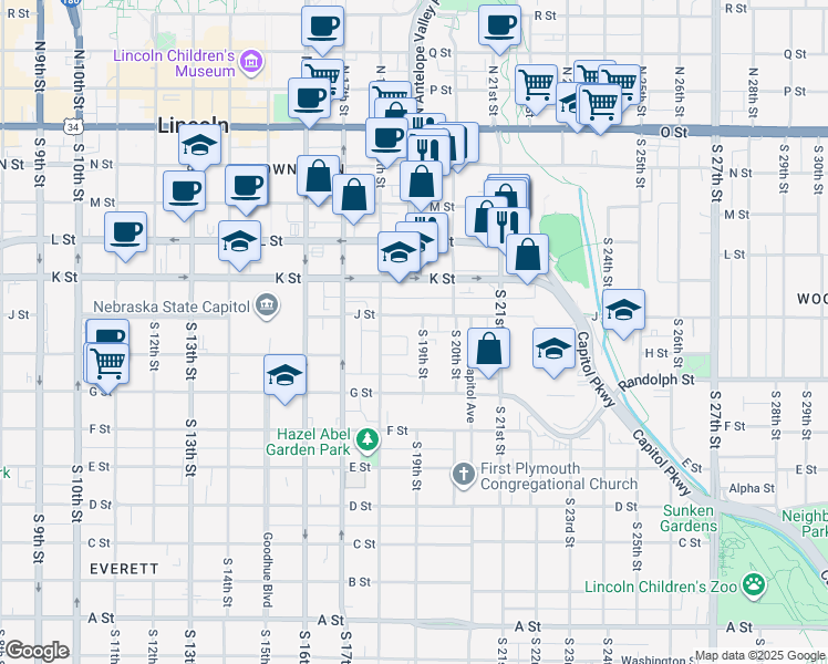 map of restaurants, bars, coffee shops, grocery stores, and more near 1829 J Street in Lincoln