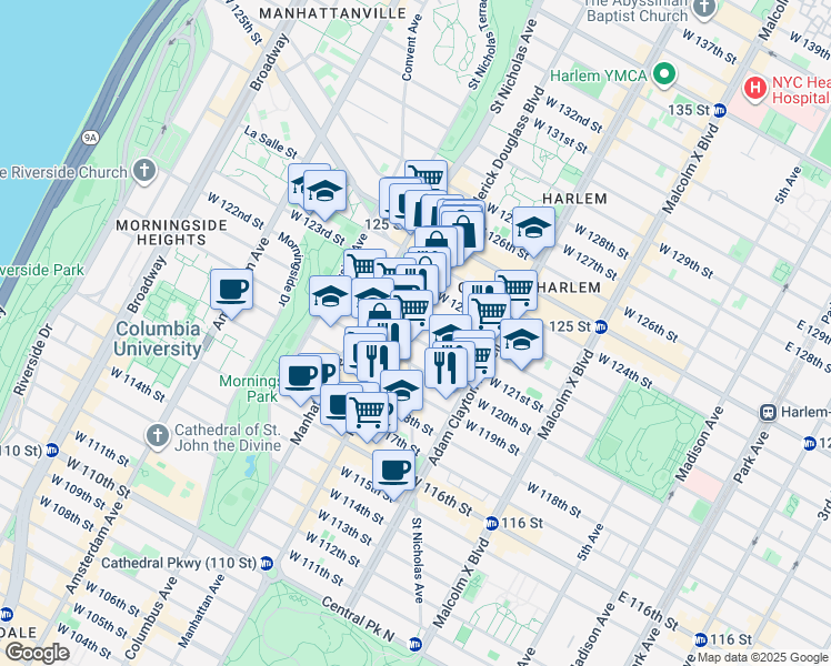 map of restaurants, bars, coffee shops, grocery stores, and more near 220 Saint Nicholas Avenue in New York