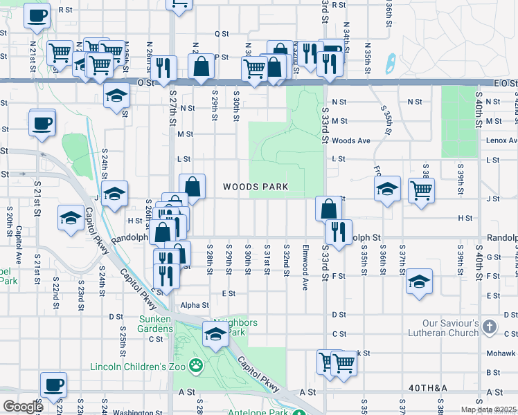 map of restaurants, bars, coffee shops, grocery stores, and more near 625 South 31st Street in Lincoln