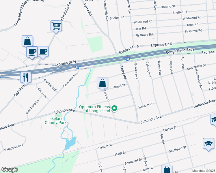 map of restaurants, bars, coffee shops, grocery stores, and more near 231 Pearl Street in Ronkonkoma