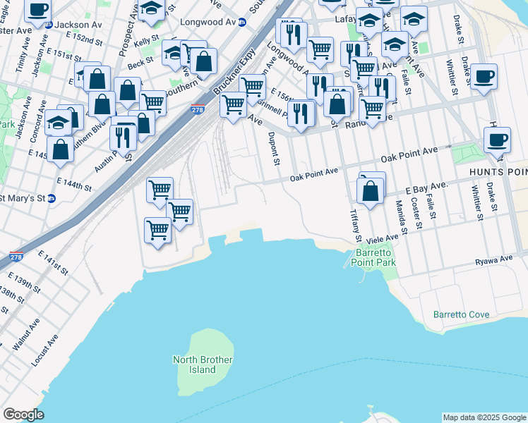 map of restaurants, bars, coffee shops, grocery stores, and more near 500 Oak Point Avenue in Bronx