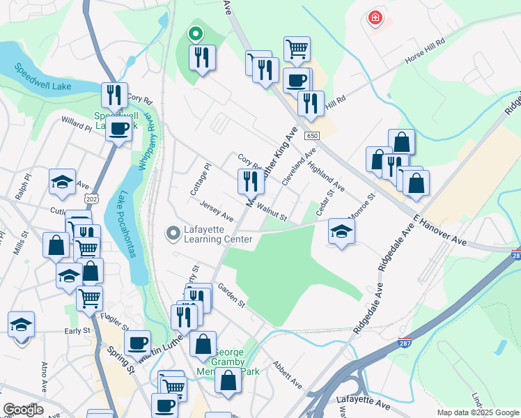 map of restaurants, bars, coffee shops, grocery stores, and more near 7 Walnut Street in Morristown