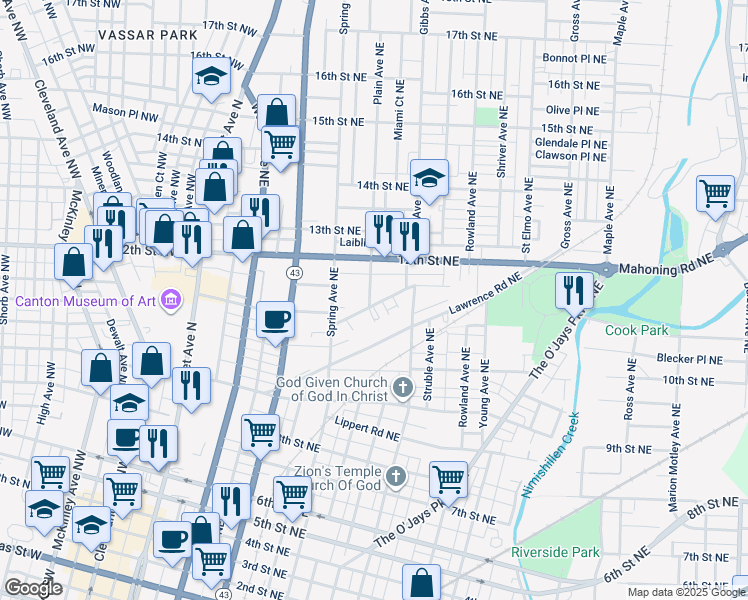 map of restaurants, bars, coffee shops, grocery stores, and more near 1124 Plain Avenue Northeast in Canton