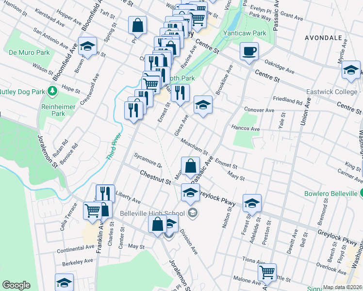 map of restaurants, bars, coffee shops, grocery stores, and more near 63-65 Newark Avenue in Belleville