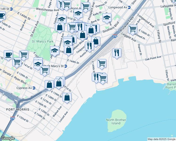 map of restaurants, bars, coffee shops, grocery stores, and more near 920 East 149th Street in The Bronx
