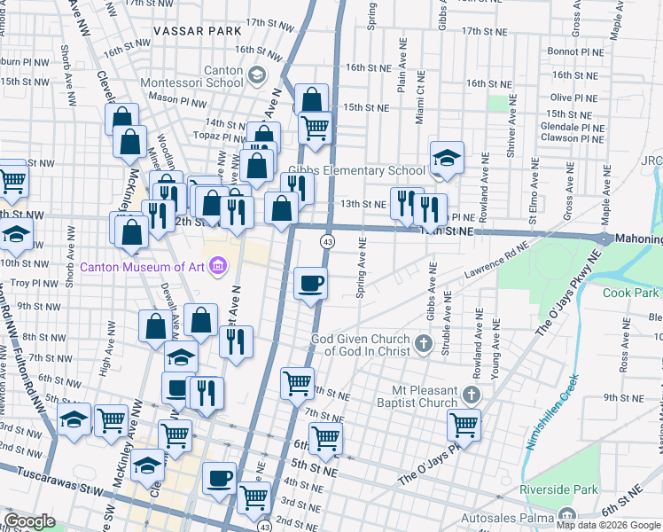 map of restaurants, bars, coffee shops, grocery stores, and more near 1118 Cherry Avenue Northeast in Canton