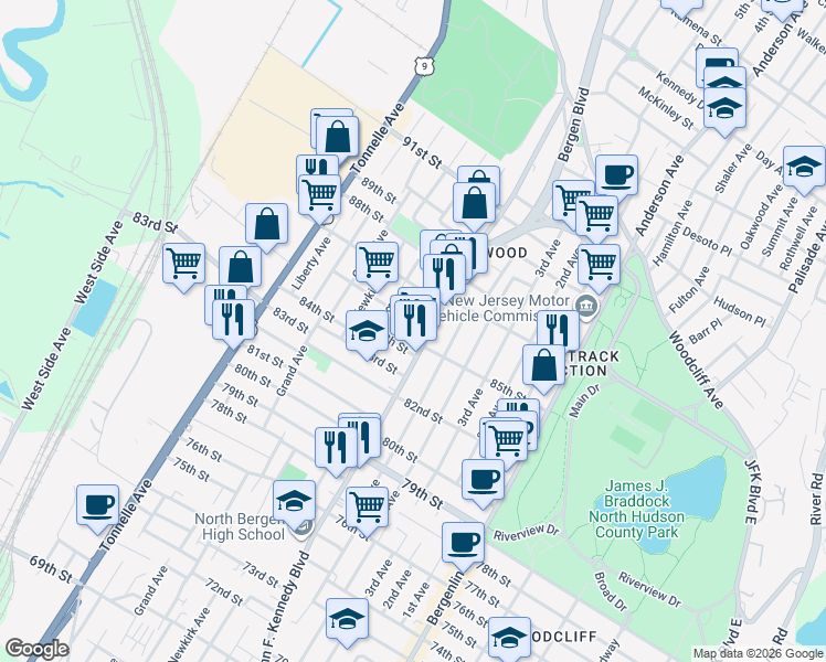 map of restaurants, bars, coffee shops, grocery stores, and more near 1120 84th Street in North Bergen