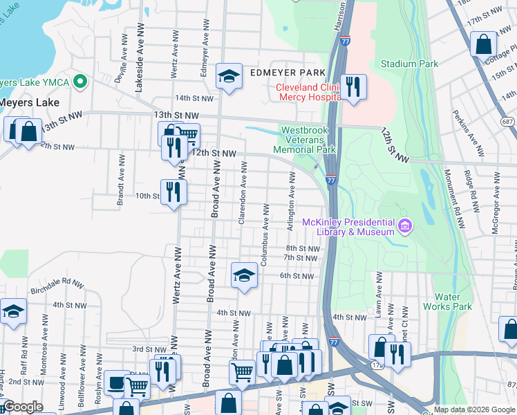 map of restaurants, bars, coffee shops, grocery stores, and more near 2510 10th Street Northwest in Canton