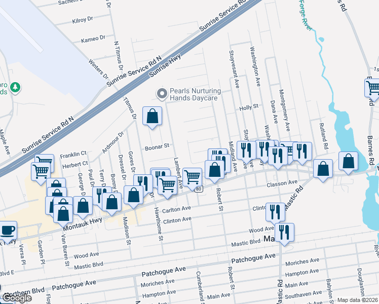map of restaurants, bars, coffee shops, grocery stores, and more near 22 Elm Place in Mastic
