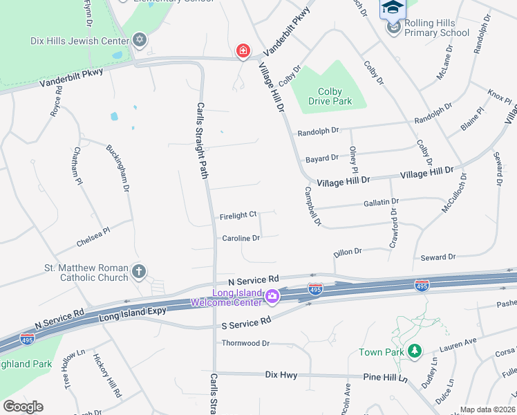 map of restaurants, bars, coffee shops, grocery stores, and more near 11 Firelight Court in Dix Hills