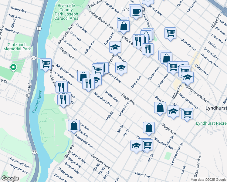 map of restaurants, bars, coffee shops, grocery stores, and more near 354 Page Ave in Lyndhurst