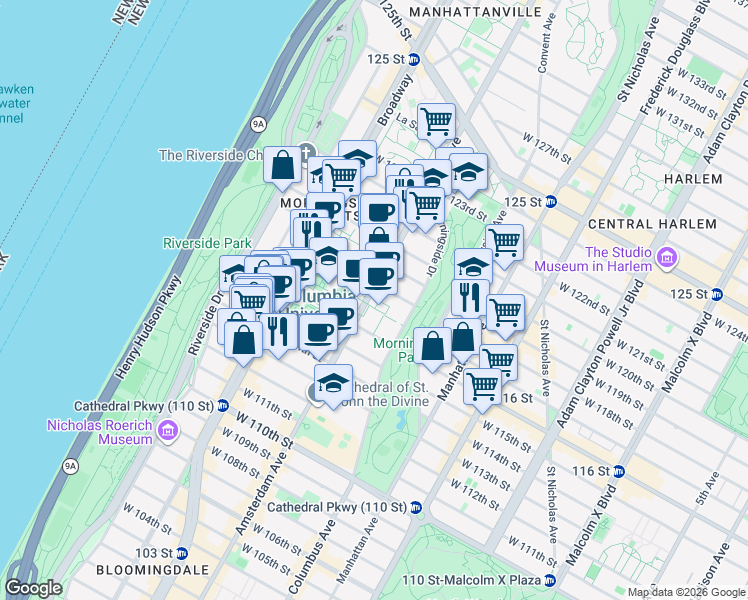map of restaurants, bars, coffee shops, grocery stores, and more near 1161 Amsterdam Avenue in New York