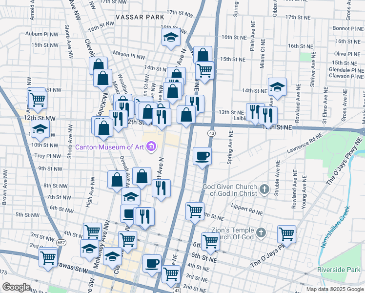 map of restaurants, bars, coffee shops, grocery stores, and more near 219 11th Street Northeast in Canton