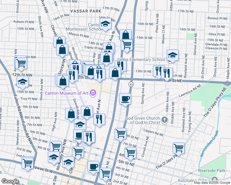 map of restaurants, bars, coffee shops, grocery stores, and more near 219 11th Street Northeast in Canton