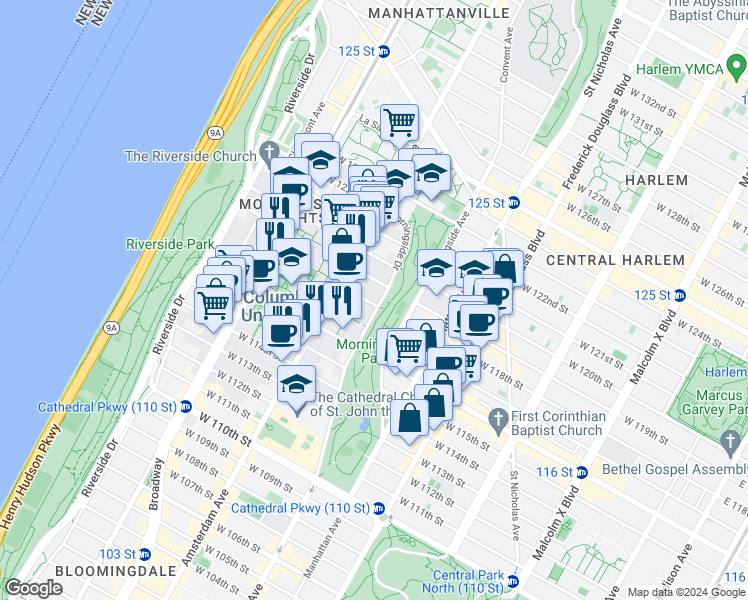 map of restaurants, bars, coffee shops, grocery stores, and more near 401 West 118th Street in New York