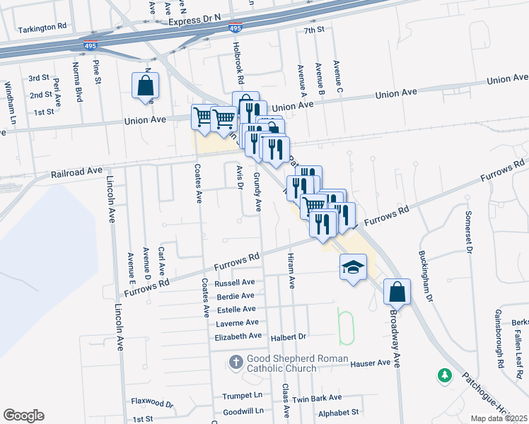map of restaurants, bars, coffee shops, grocery stores, and more near 1587 Grundy Avenue in Holbrook