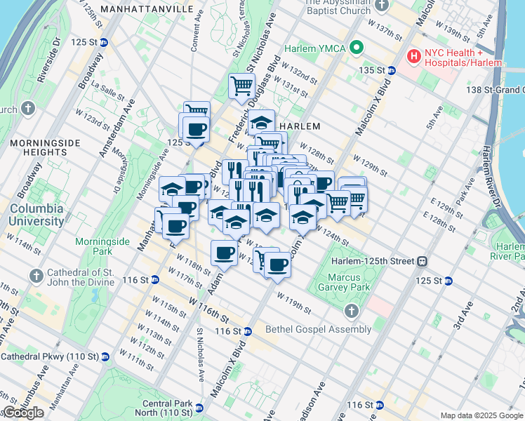 map of restaurants, bars, coffee shops, grocery stores, and more near 157 West 123rd Street in New York