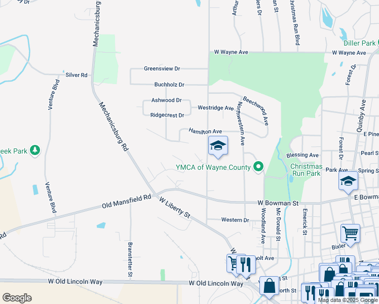 map of restaurants, bars, coffee shops, grocery stores, and more near 830 Colony Court in Wooster