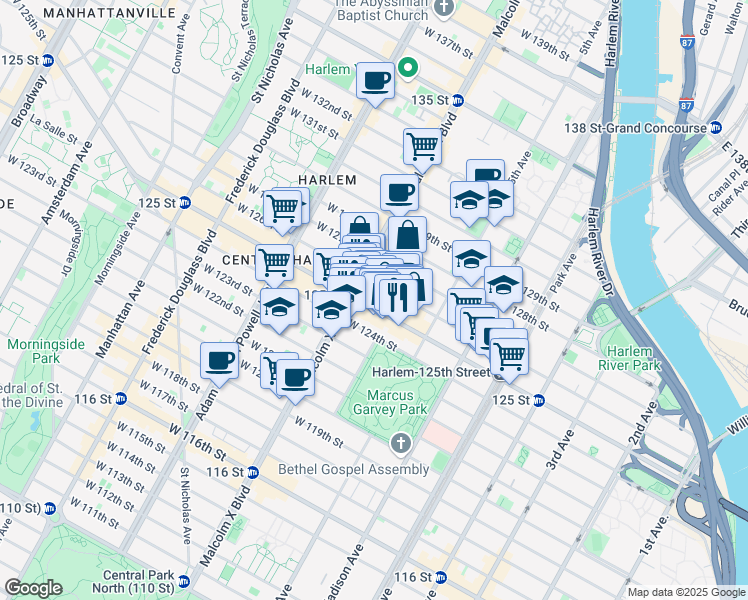 map of restaurants, bars, coffee shops, grocery stores, and more near 55 West 125th Street in New York