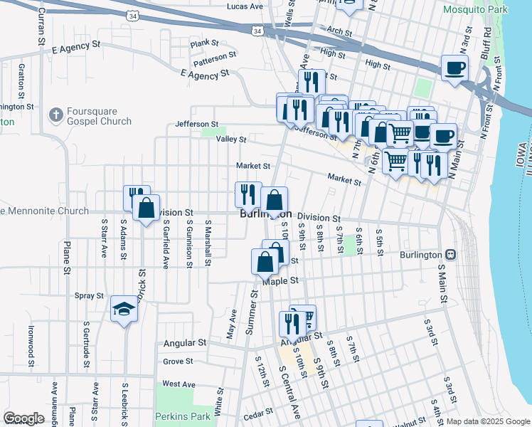 map of restaurants, bars, coffee shops, grocery stores, and more near in Burlington