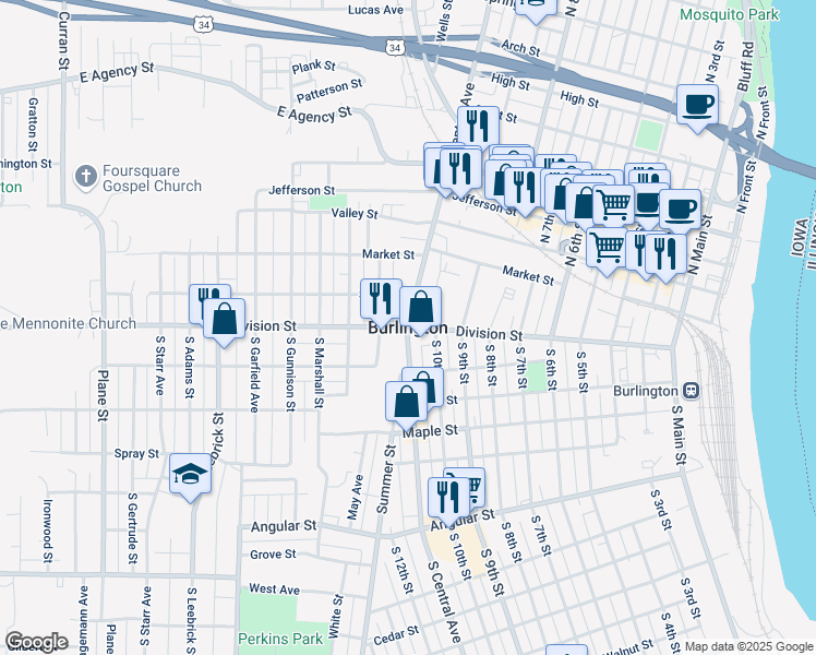 map of restaurants, bars, coffee shops, grocery stores, and more near  in Burlington