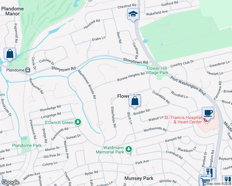 map of restaurants, bars, coffee shops, grocery stores, and more near 191 Elderfields Road in Manhasset