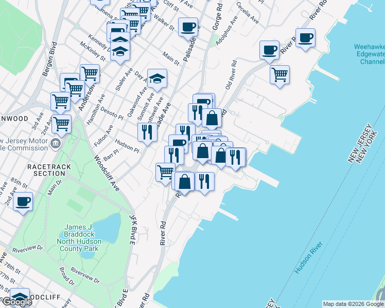 map of restaurants, bars, coffee shops, grocery stores, and more near 190 River Road in Edgewater