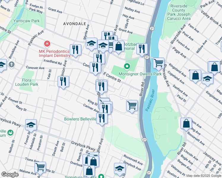 map of restaurants, bars, coffee shops, grocery stores, and more near 115 East Centre Street in Nutley