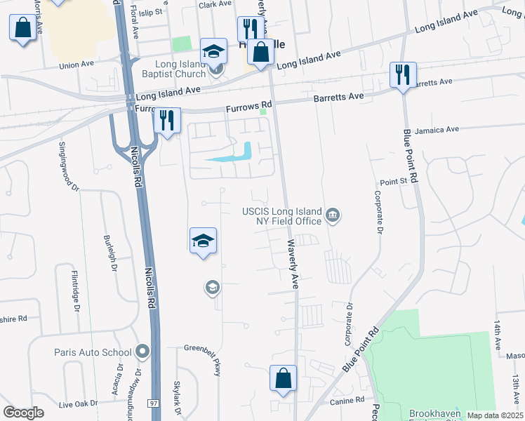 map of restaurants, bars, coffee shops, grocery stores, and more near 117 Storm Drive in Holtsville