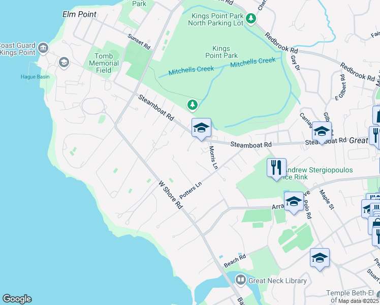 map of restaurants, bars, coffee shops, grocery stores, and more near 14 Moreland Court in Great Neck