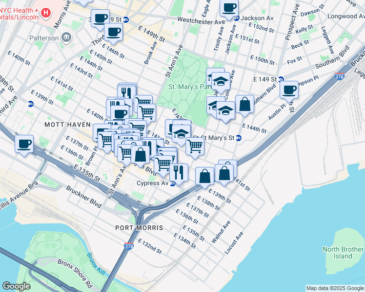 map of restaurants, bars, coffee shops, grocery stores, and more near 677 East 141st Street in The Bronx