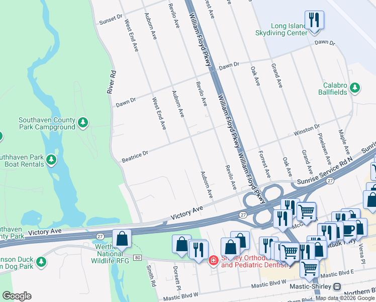 map of restaurants, bars, coffee shops, grocery stores, and more near 75 Auborn Avenue in Shirley
