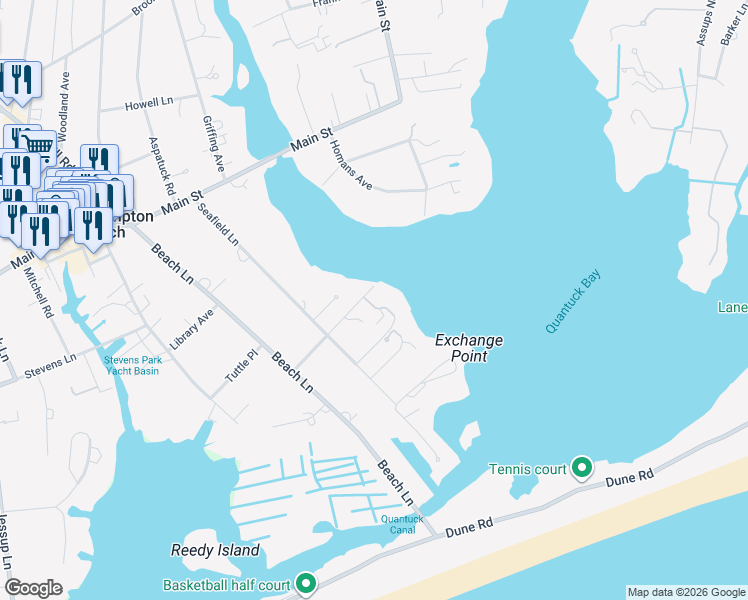 map of restaurants, bars, coffee shops, grocery stores, and more near 47 Sunswyck Lane in Westhampton Beach