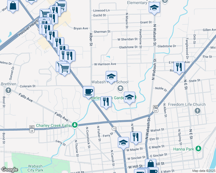 map of restaurants, bars, coffee shops, grocery stores, and more near 150 Colerain Street in Wabash