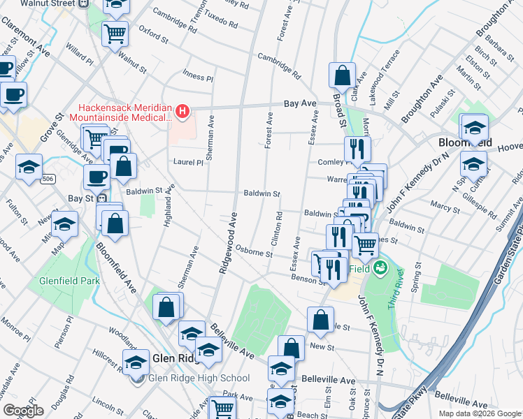 map of restaurants, bars, coffee shops, grocery stores, and more near 60 Forest Avenue in Glen Ridge