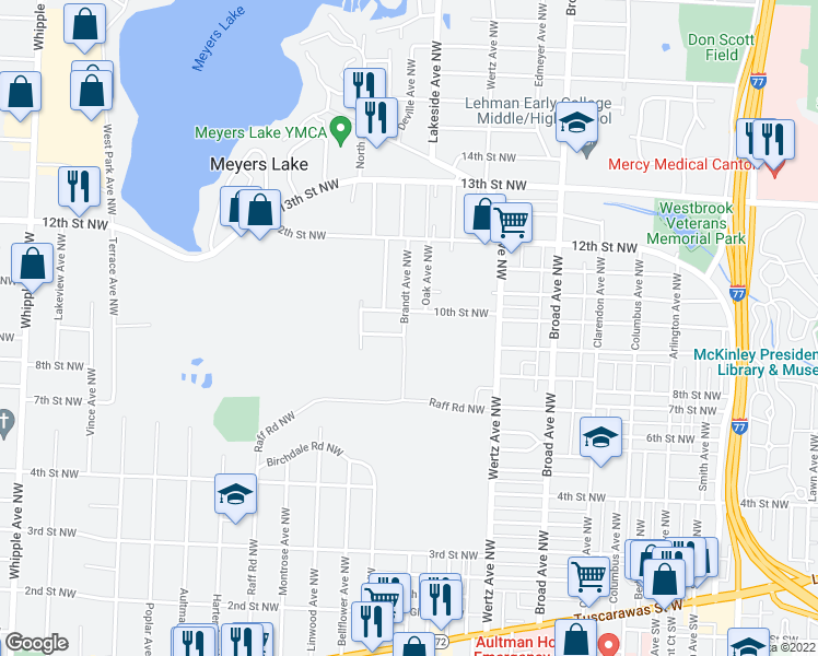 map of restaurants, bars, coffee shops, grocery stores, and more near 906 Brant Avenue Northwest in Canton