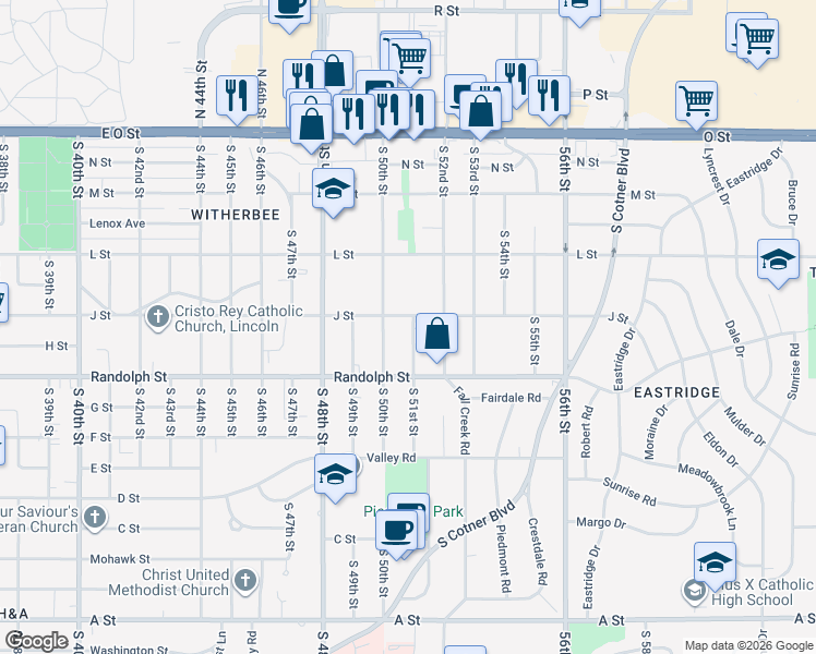 map of restaurants, bars, coffee shops, grocery stores, and more near 620 South 50th Street in Lincoln