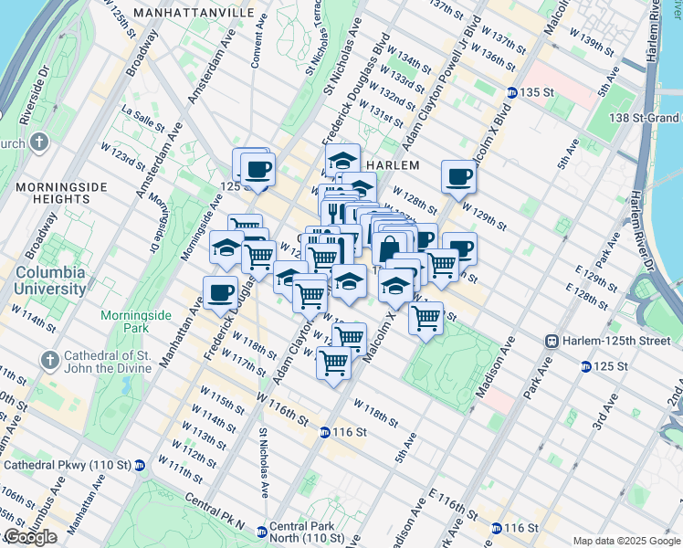 map of restaurants, bars, coffee shops, grocery stores, and more near 157 West 123rd Street in New York