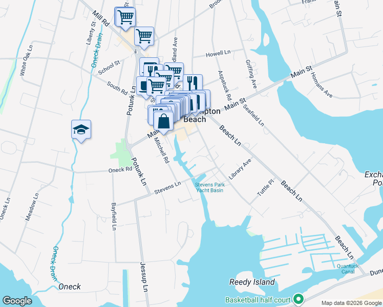 map of restaurants, bars, coffee shops, grocery stores, and more near 23 Library Avenue in Westhampton Beach