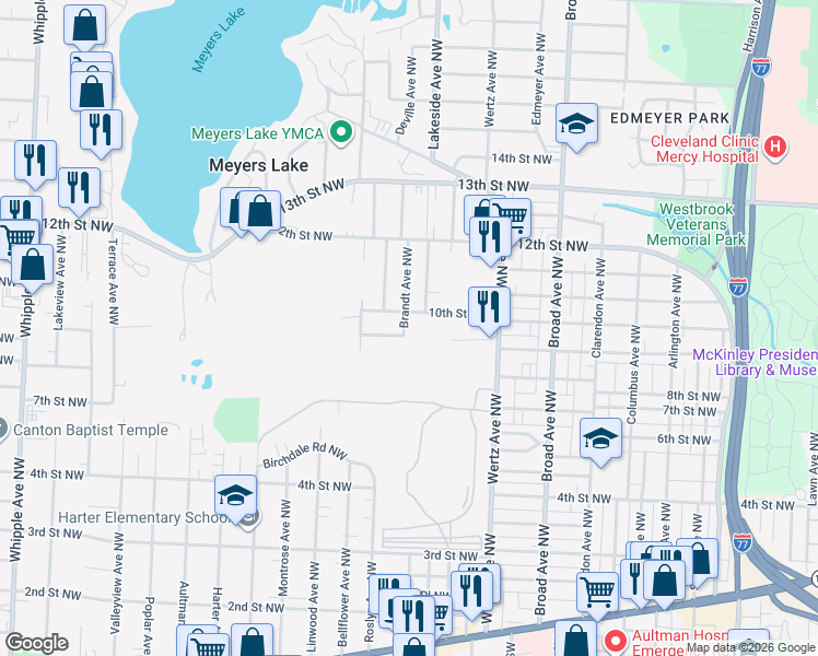 map of restaurants, bars, coffee shops, grocery stores, and more near 906 Brandt Avenue Northwest in Canton