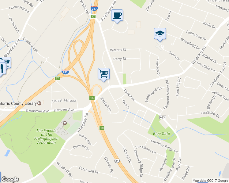 map of restaurants, bars, coffee shops, grocery stores, and more near 1 Maxine Drive in Morristown