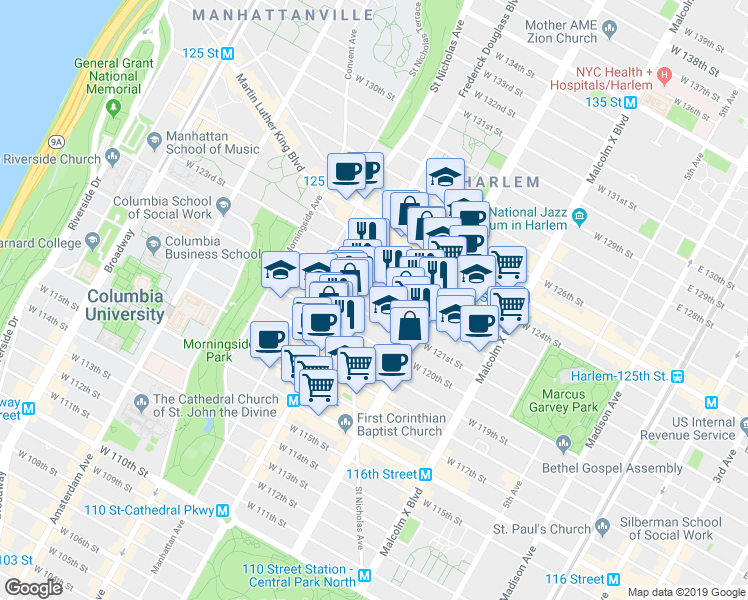 map of restaurants, bars, coffee shops, grocery stores, and more near 234 West 122nd Street in New York