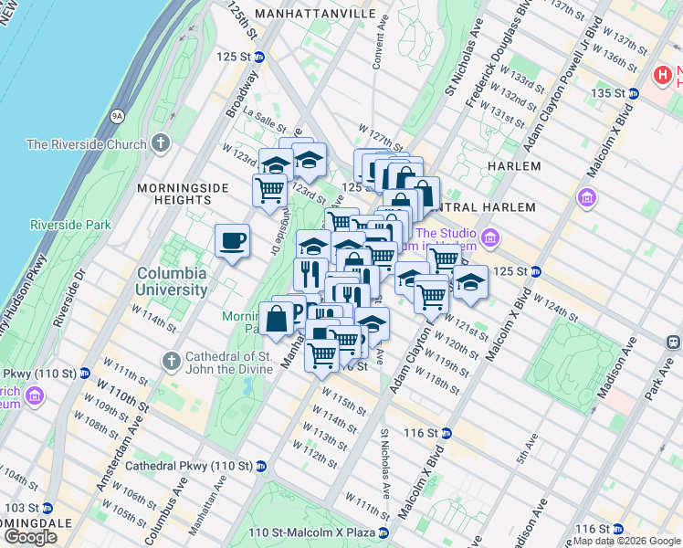 map of restaurants, bars, coffee shops, grocery stores, and more near 315 West 120th Street in New York