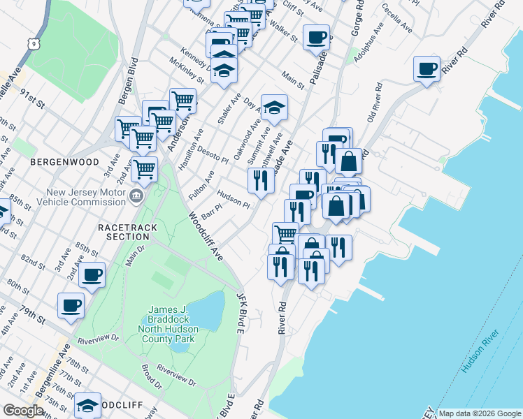 map of restaurants, bars, coffee shops, grocery stores, and more near 54 Palisade Avenue in Cliffside Park