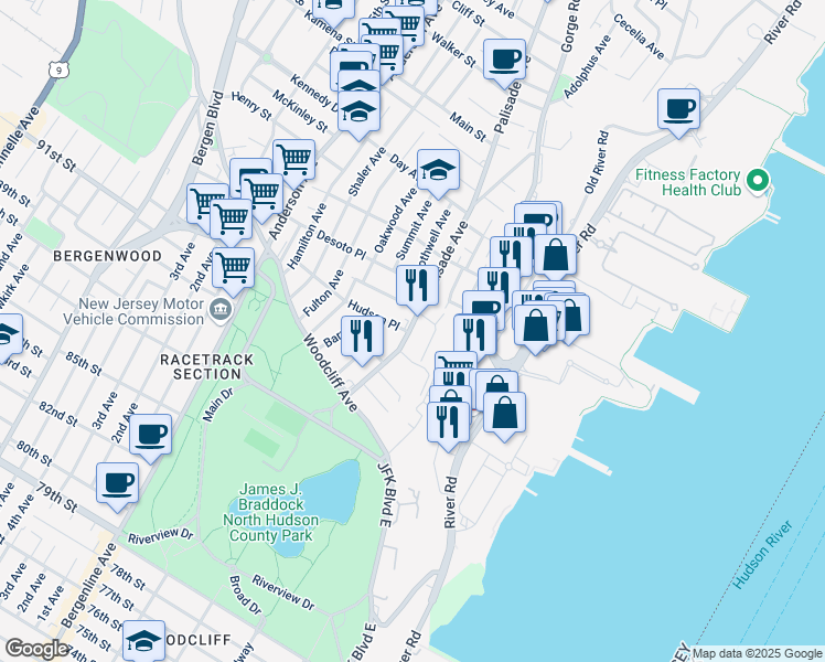map of restaurants, bars, coffee shops, grocery stores, and more near 54 Palisade Avenue in Cliffside Park