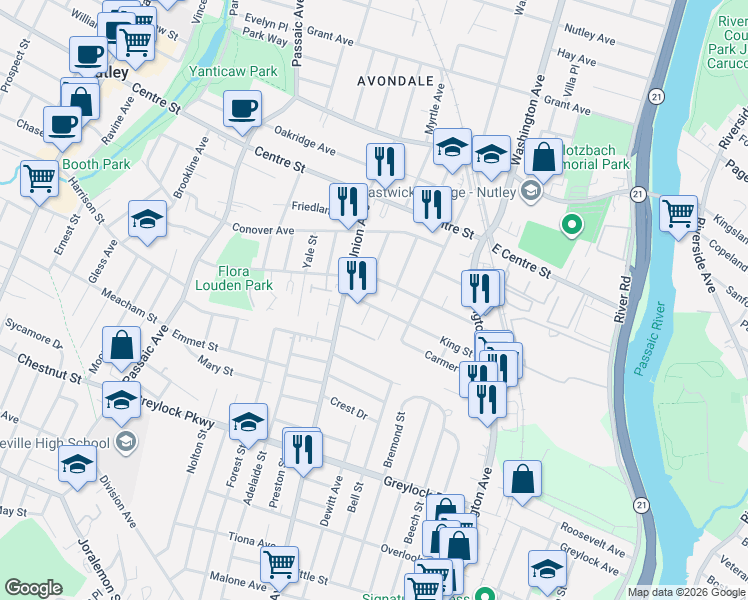 map of restaurants, bars, coffee shops, grocery stores, and more near 108 King Street in Nutley
