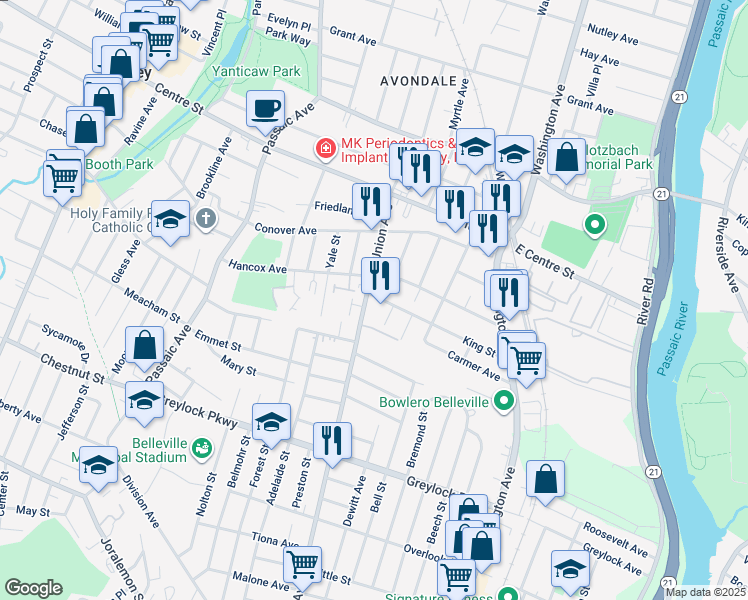 map of restaurants, bars, coffee shops, grocery stores, and more near 21 Union Avenue in Nutley