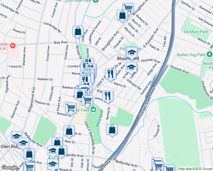 map of restaurants, bars, coffee shops, grocery stores, and more near 9 Beekman Street in Bloomfield