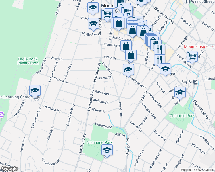 map of restaurants, bars, coffee shops, grocery stores, and more near 180 Orange Road in Montclair