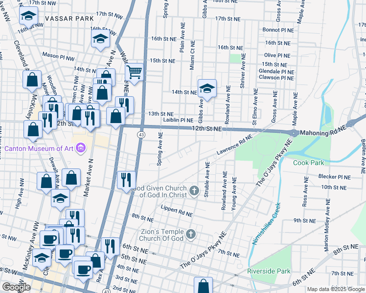 map of restaurants, bars, coffee shops, grocery stores, and more near 1124 Plain Avenue Northeast in Canton
